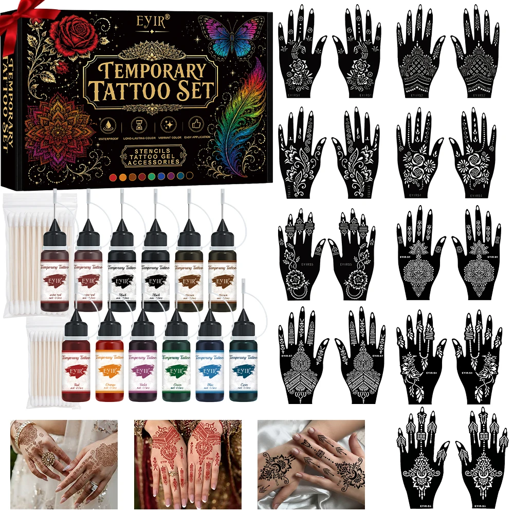 12Pcs Temporary Tattoo Gel Set 9 Colors With Reusable Hand Stencils Cotton Swabs Henna Tattoo Kit Body Art DIY Mehndi Design