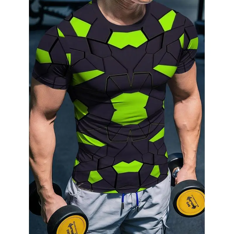 Outdoor Multifunctional Men's Stretch Athletic T-Shirt Trendy Geometric Print Body-Hugging Fitness Top Quick-Dry Moisture-Wickin