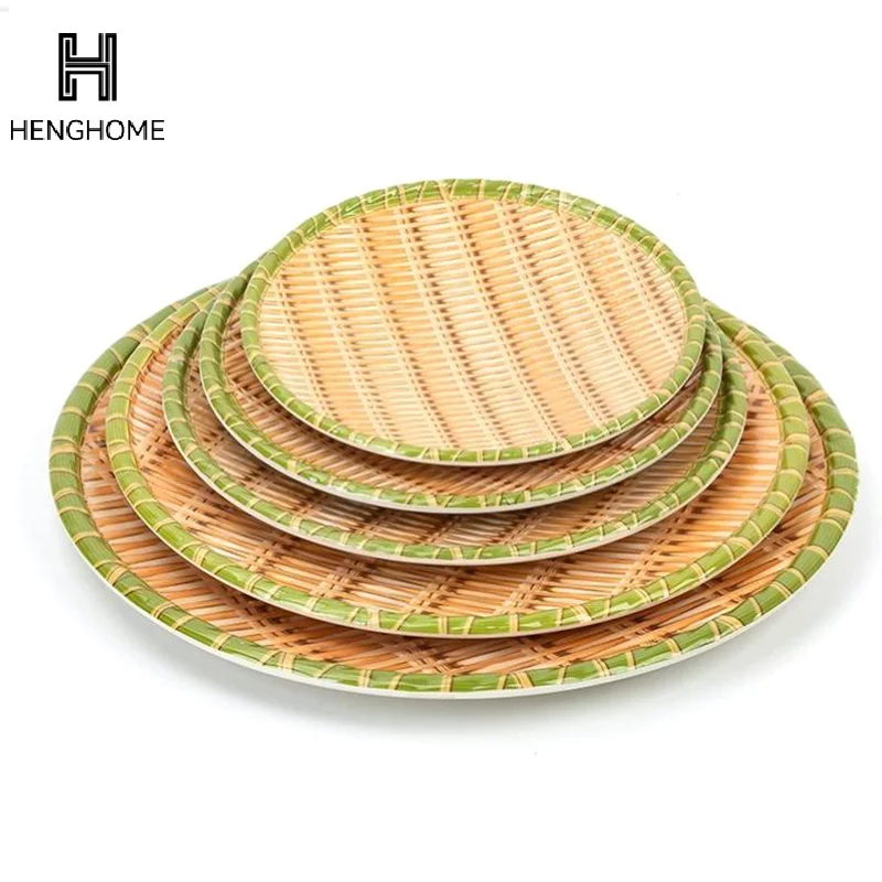 1pcs Creative Bamboo Weaving Hot Pot Vegetable Plate Multiple Styles Melamine Barbecue Plate Green Serving Plate Restaurant