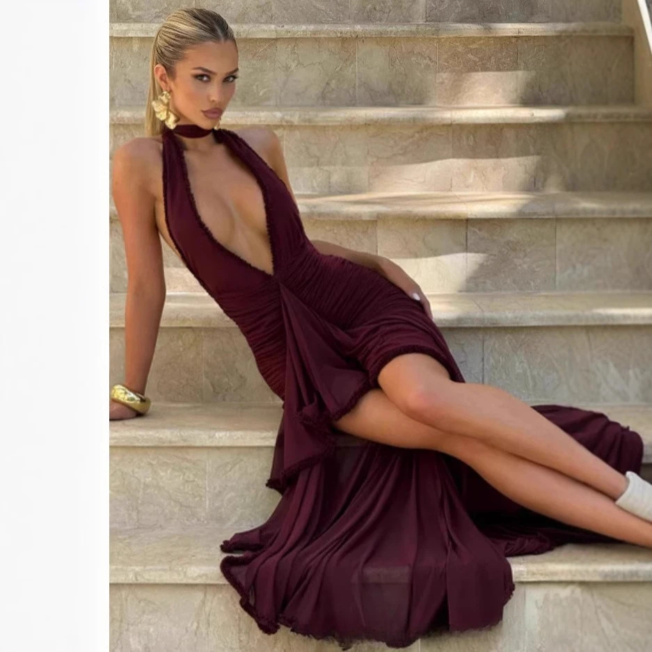 

Mingmingxi Deep V Neck Summer Dress Women 2025 Backless Sexy Dress Wine Elegant Ruffle Mermaid Dress
