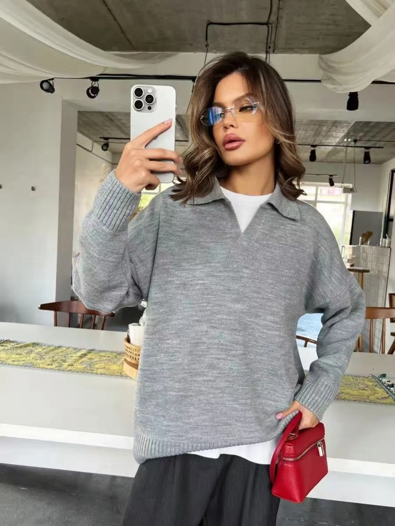 Casual Basic Polo Collar Knit Sweater Women V Neck Long Sleeve Pullover Loose Fit 2026 Autumn Winter Collared Sweater Top 3