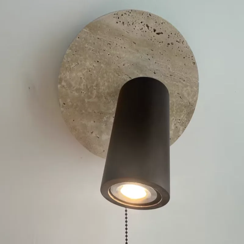 Minimalist Wood LED Wall Sconce Yellow Travertine Pull Chain Rotating Light Hallway Bathroom Vanity Mirror Modern Home Decor
