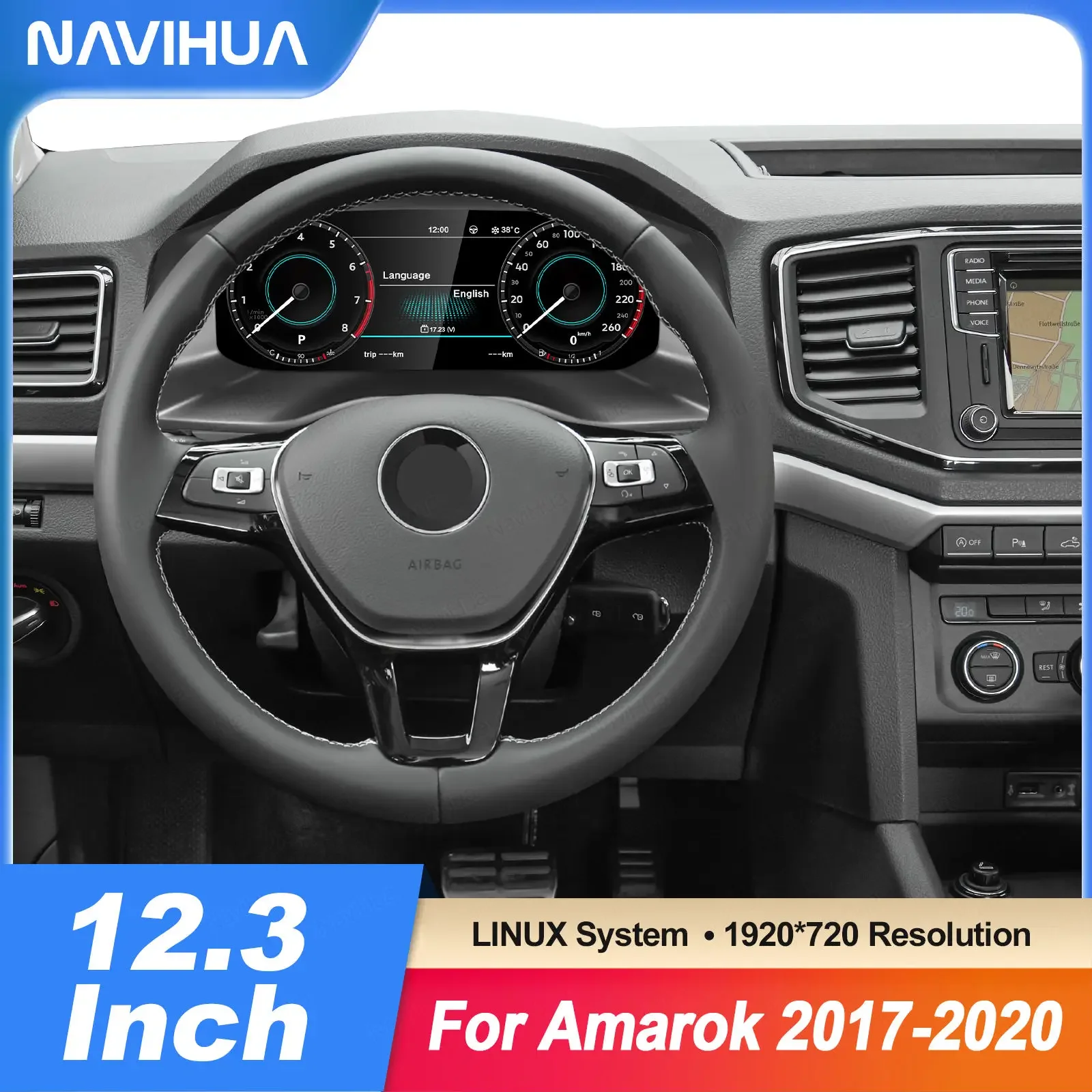

ЖК-дисплей Navihua, цифровой кластер для Volkswagen Amarok 2017-2020, ЖК-дисплей, спидометр, автоматический счетчик, виртуальный одометр кабины