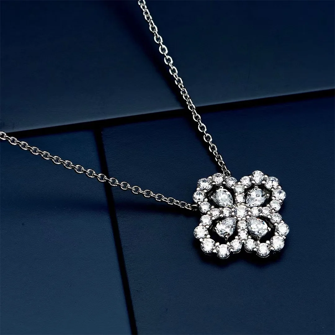 Luomansi 4 Leaf Petal Necklace Super Sparkling High Carbon Diamond First Order -10 Solid S925 Silver Jewelry Women Wedding Party