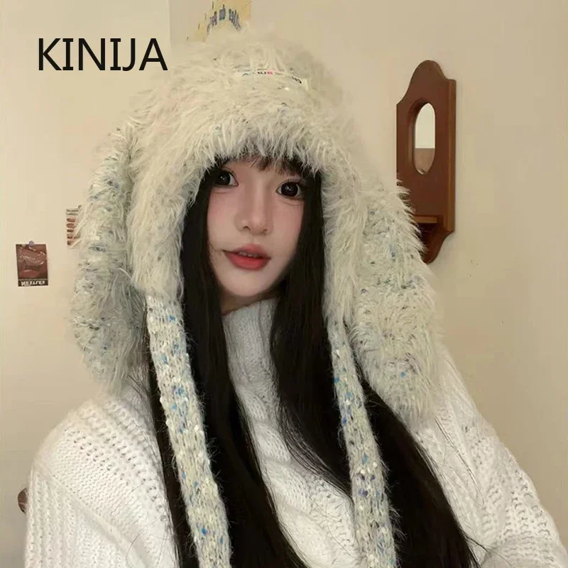 Cute Cartoon Bunny Ears Plush Hat Soft Warm Faux Fur Women's Skull Hat Knitted Hat Fit for Daily Wear Party Use Balaclava Cap