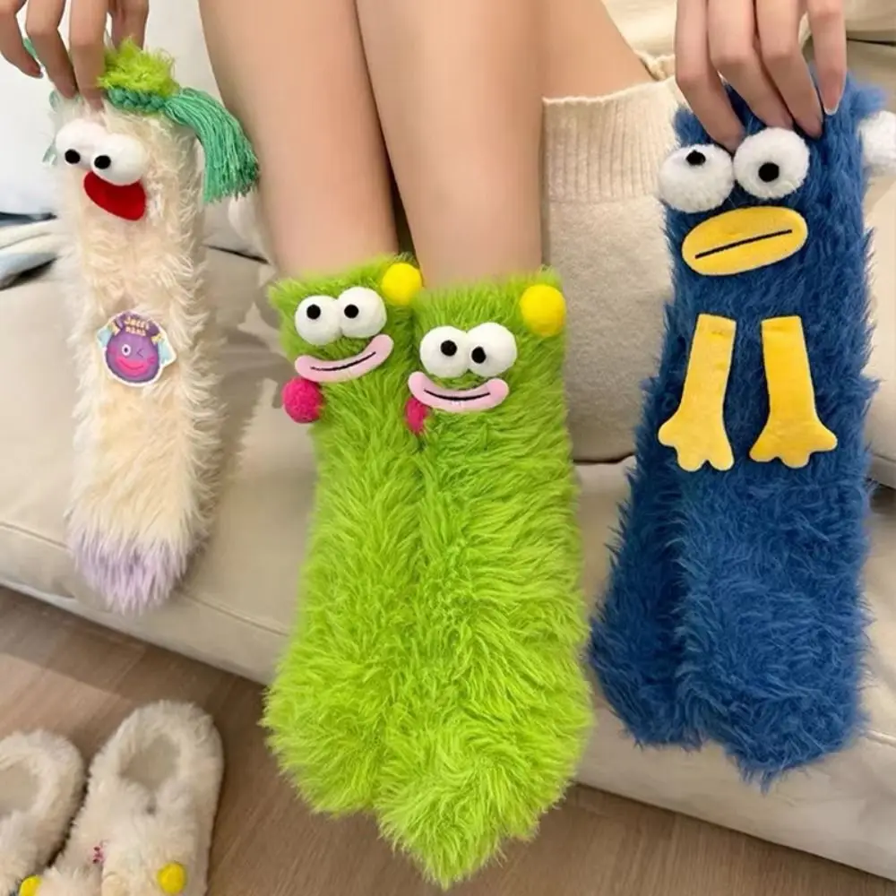 1 Pair Cartoon Kawaii Plush Funny Tube Fluffy Socks Big Eyes Coral Fleece Socks Hosiery Mid-Calf Floor Stockings Women Gifts