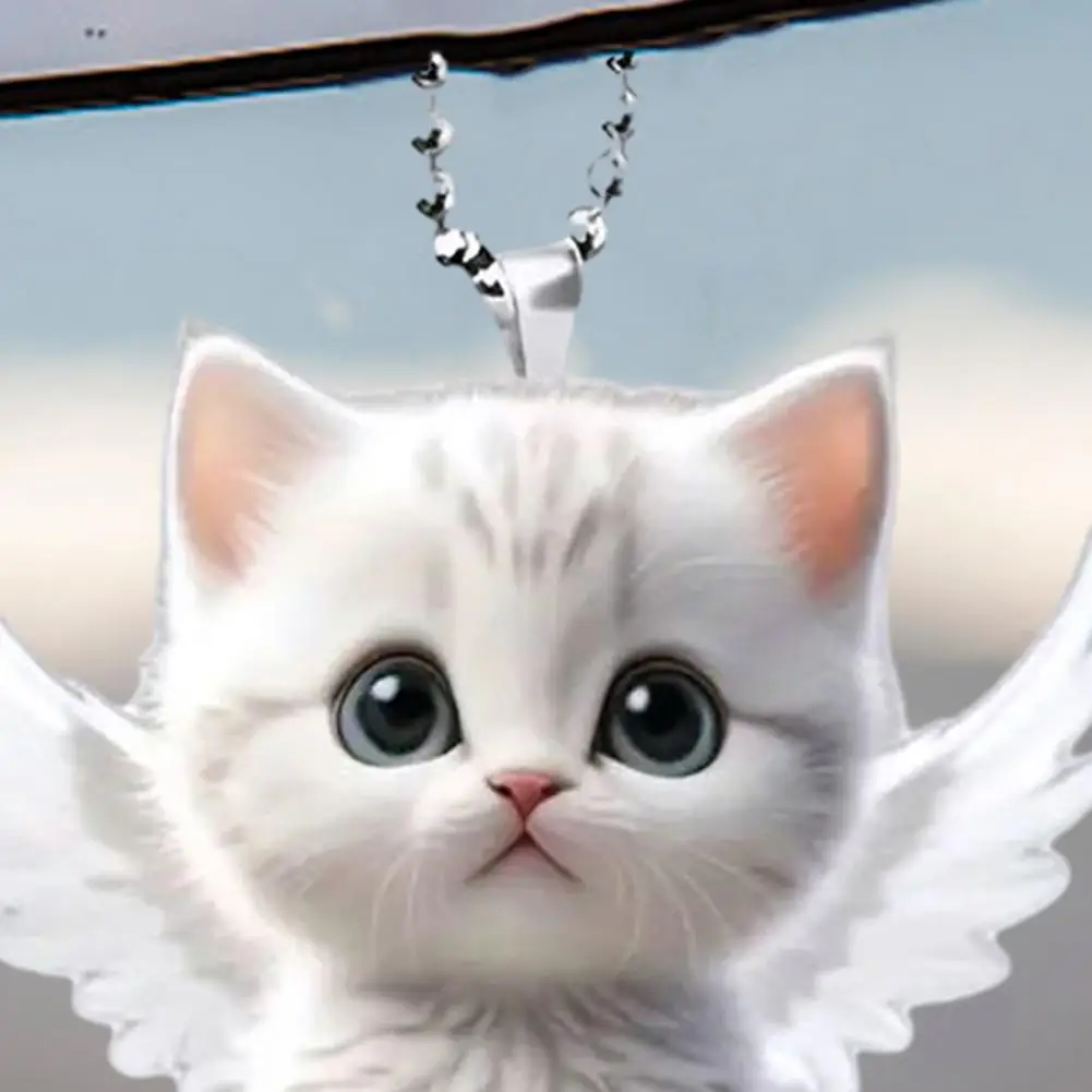 White Cat Angel Wings Pendant Modern Cat Car Accessory Whimsical Angel Cat Rearview Mirror Ornament Cute Kitten Car