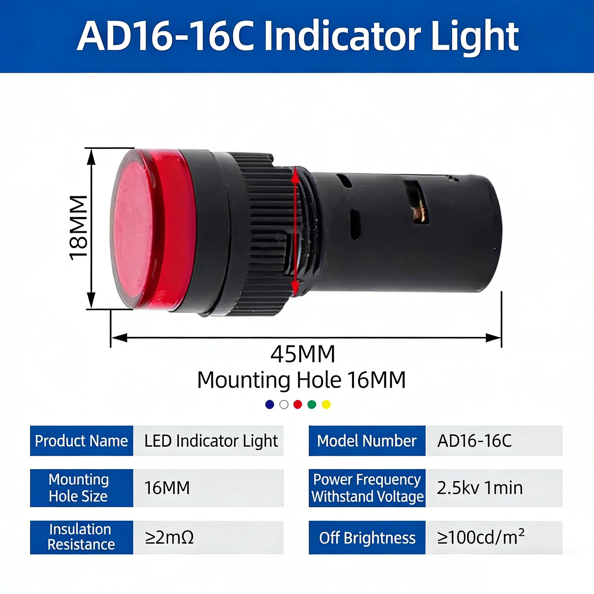 20pcs 16mm Power Supply Indicator Light AD16-16C Led Signal 24V 220V 380V Signal Pilot Lamp Red Yellow Green Blue White view 2