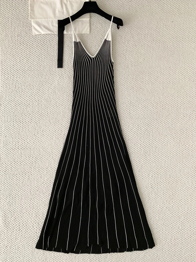 Summer Fashion Party Vertical stripes Knitting Elegant Midi Dress Women's Spaghetti Strap V-Neck Sleeveless Big Swing Dresses