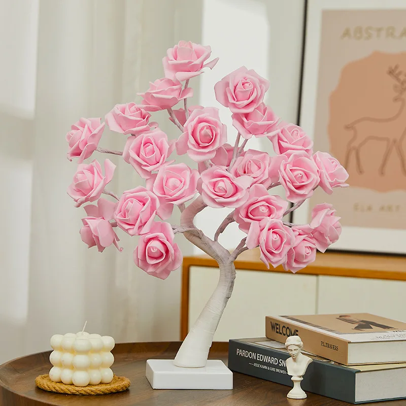 Rose Blossom Tree Night Light LED Lighted Tabletop Artificial Flower Bonsai Tree Lamp USB Gifts for Christmas Home Decor