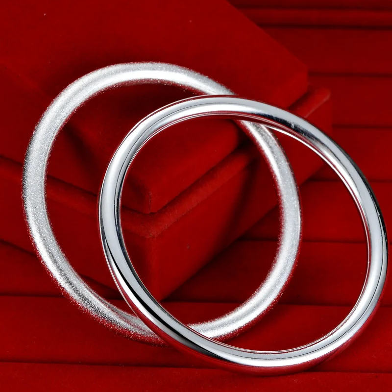 

S999 Round Stick Sand Surface Smooth Circle Silver Bracelet Lover Mom