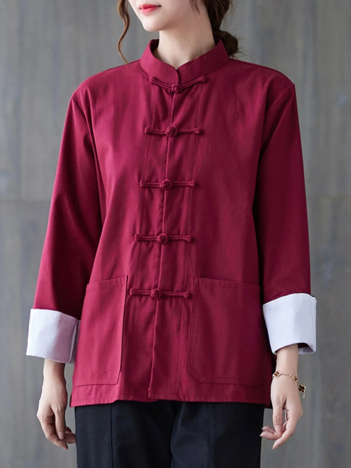 

Свободный хлопковый льняной тренировочный костюм для тай-чи, женский кардиган на пуговицах с открытым воротником, традиционный китайский костюм контрастного цвета