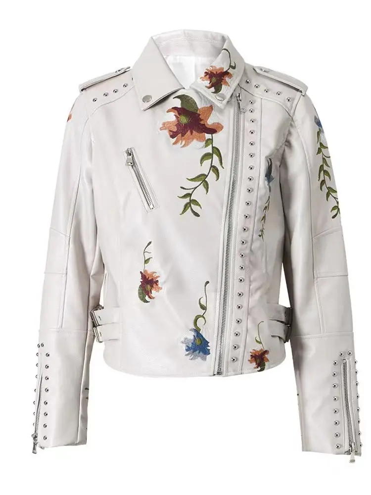 2025 Fashion Women Vintage Floral Embroidery Rivet Faux Leather Jackets Ladies PU Motor Black Voilet Beige Punk Streetwear Coats