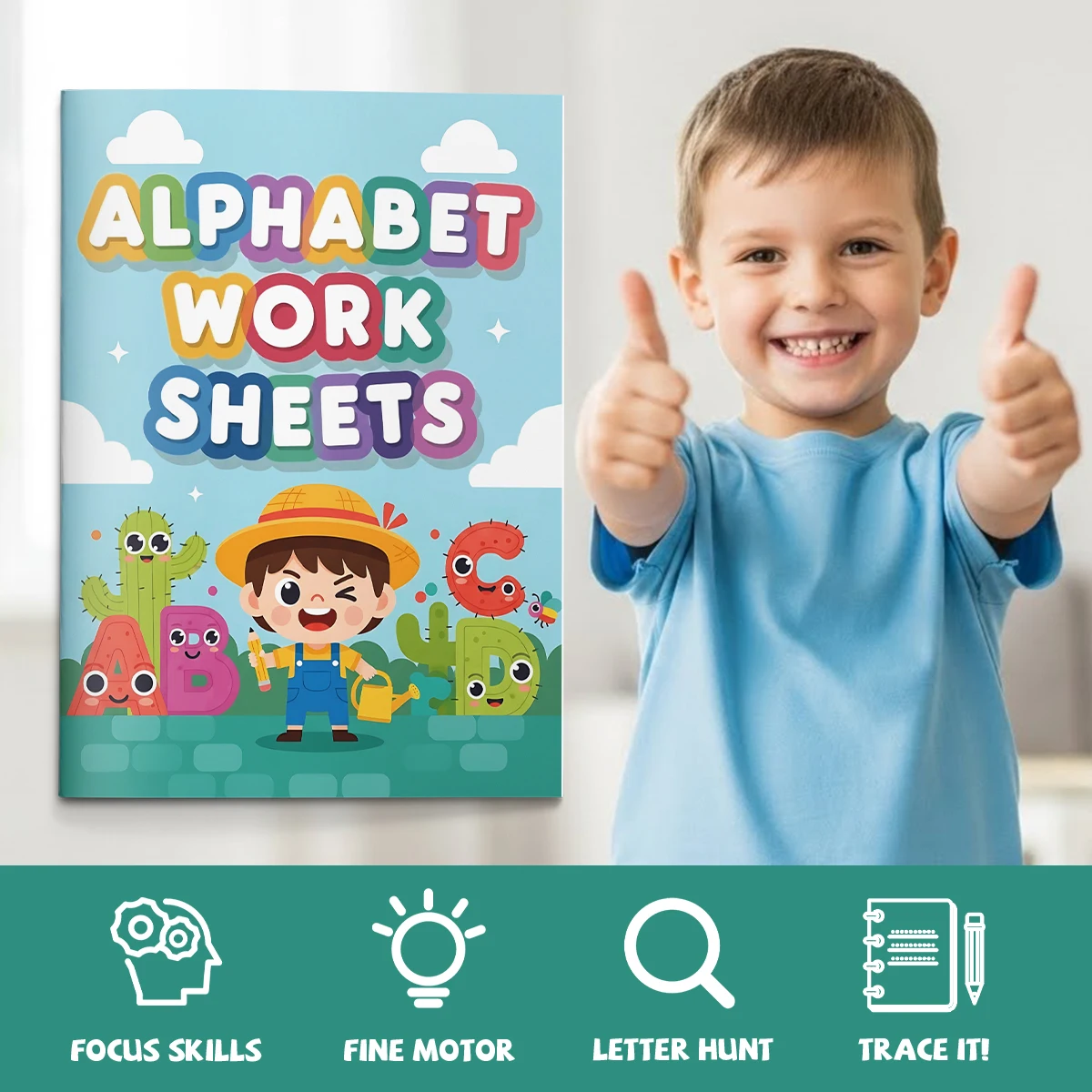 Children's alphabet coloring book, cute cartoon patterns, preschool early education workbook, boost your baby's hands-on skills