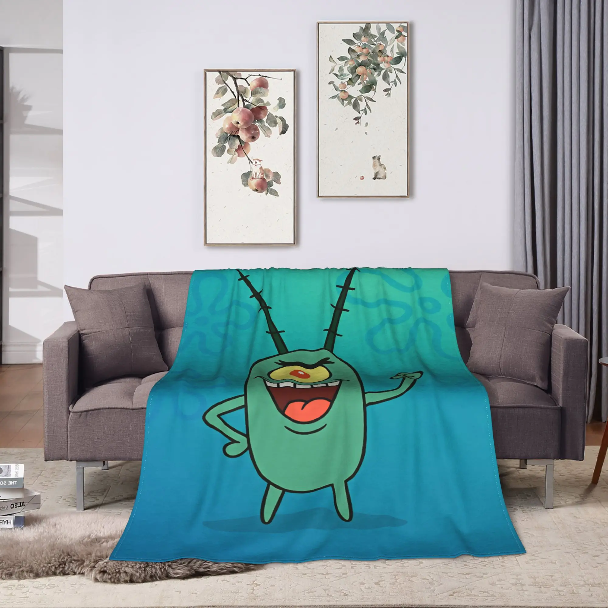 Soft BlanketChildren Decorative SpongeBobs Plankton  Throw Blanket  Flannel Bedspread For Couch Chair Sofa Comfortable Bed Cover