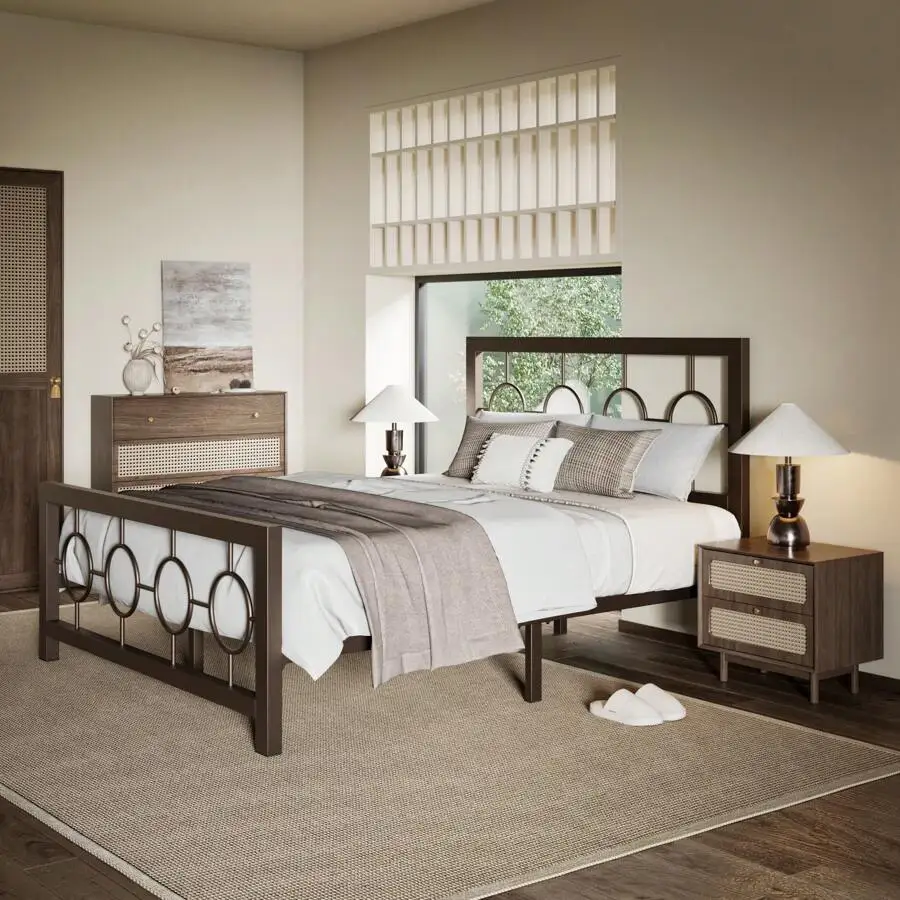 Metal Platform Bed Frame With Modern And Vintage Style Headboard, No Box Spring Need,Easy Assembly, Noise-Free In Brown/Black * Bed Frame Queen Queen Bed Frame Bed Frame Full Full Size Bed Frame King Size Bed Frame Twin Bed Frame Room Decor Home