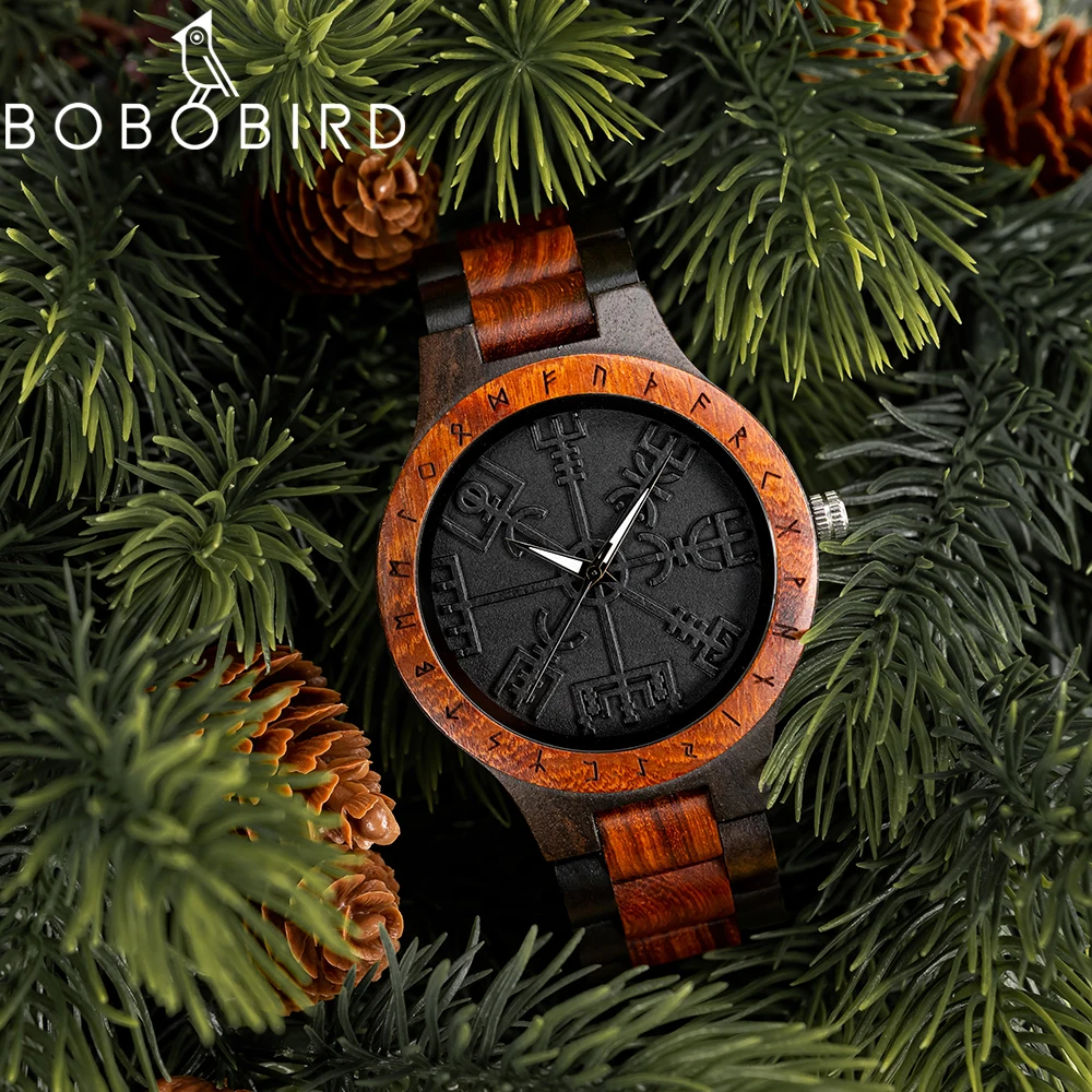 BOBO BIRD นาฬิกาสำหรับ Man ไวกิ้ง Odin Rune ผู้ชายนาฬิกาข้อมือควอตซ์วัฒนธรรม Totem Dail ไม้สาย Reloj De Hombre