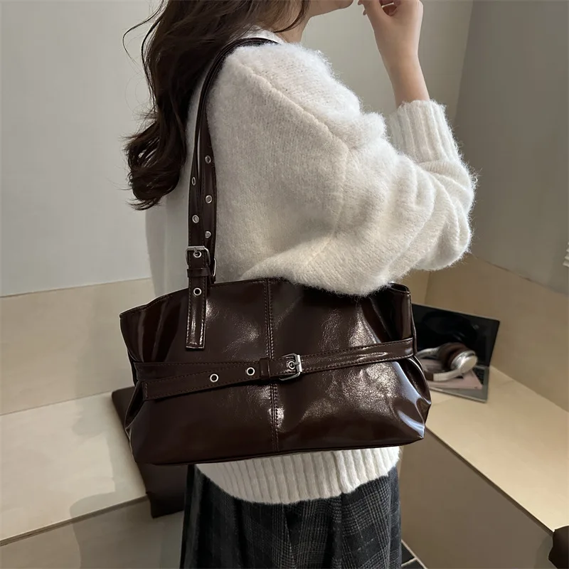 Autumn Retro Belt Design PU Shoulder Bags for Women Large Capacity Simple Ladies Tote Bag Solid Color Versatile Female Handbags