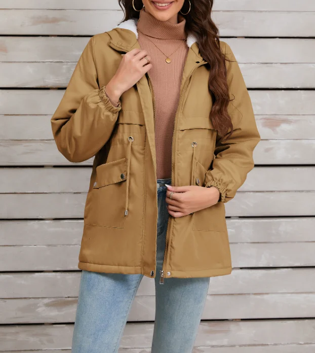 

New Fashion Casual Hairy Inner Lining with Hat and Zipper Jacket for Autumn and Winter Warmth and Thick Assault Suit