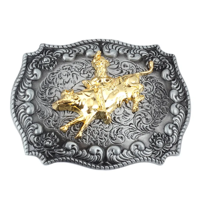 Equestrian Sports Theme Men's Belt Buckle Metal Material Flower Bottom Golden Horse Belt Accessories