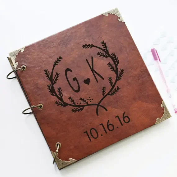 Laurel Wreath monogrammed Leather Photo Album/ Personalized wedding Album with initials /Wedding Guestbook/ guest book