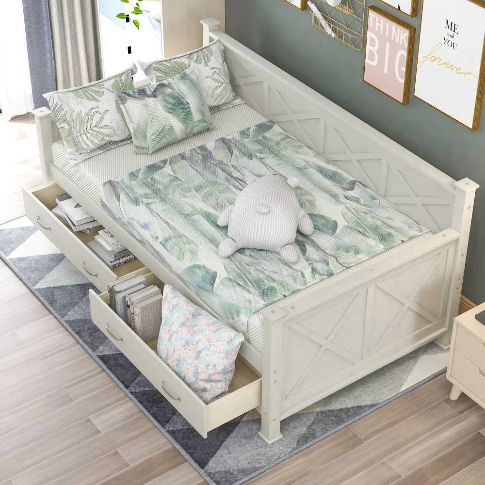 Twin Size Daybed with 2 Large Drawers, X-shaped Frame, Modern and Rustic Casual Style Daybed,Gray Children Bed Girl Princess Bed