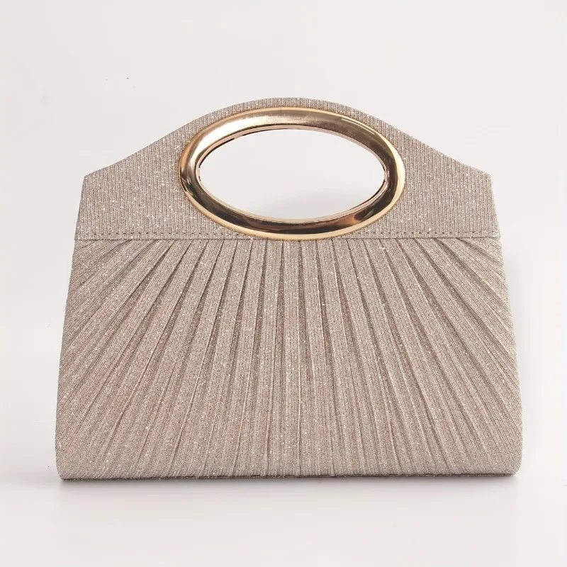 

Women's Elegant Shiny Pleated Handbag with Metal Ring Handle, Suitable for Crossbody Bags for Weddings, Parties and Dinners