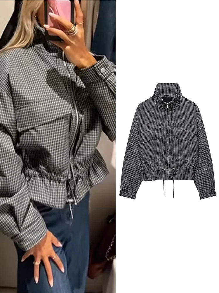 TFMLN Plaid Stand Collar Jacket For Women Cropped Cotton Jacket Drawstring Waist Pockets Loose Long Sleeve Outerwears New
