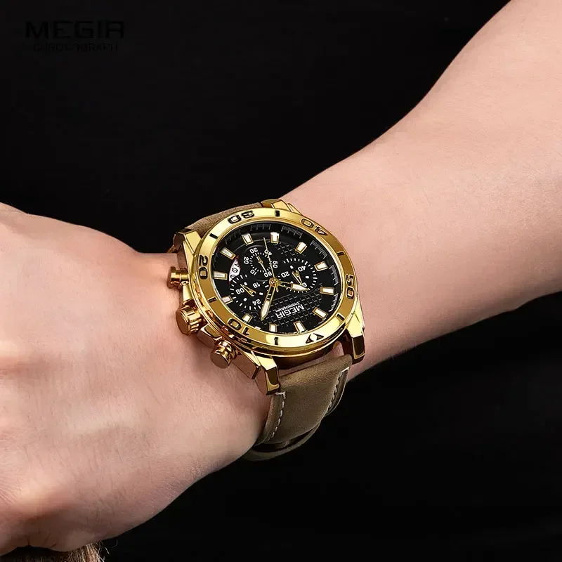 MEGIR Men's Leather Strap Quartz Watches Waterproof Luminous Army Sports Chronograph Wristwatch Man Relogios Clock 2094 Gold