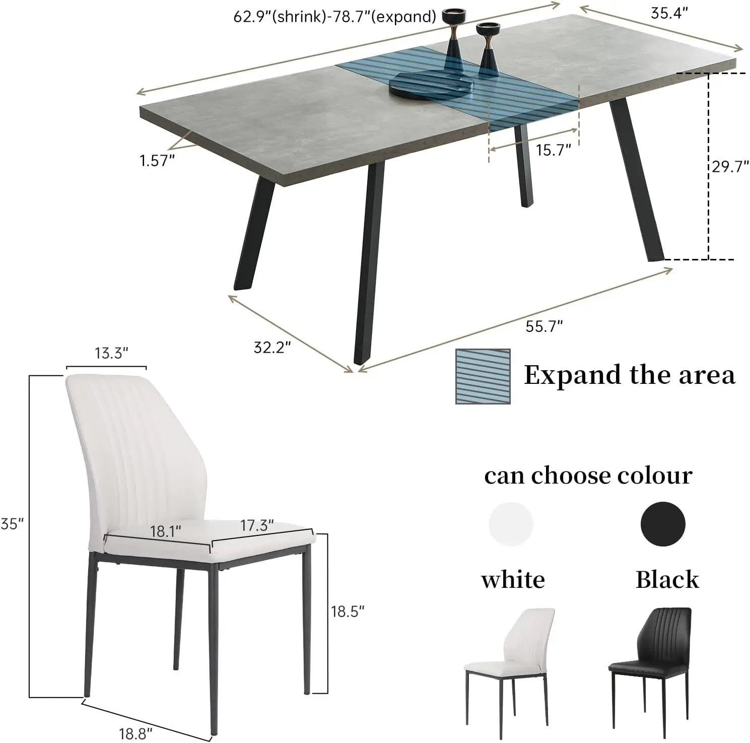 7 Piece Dining Table Set 62 Inch Modern Kitchen Table 6 Dining Chairs for 4-6 PersonExpandable MDF Dining Table with Steel Legs