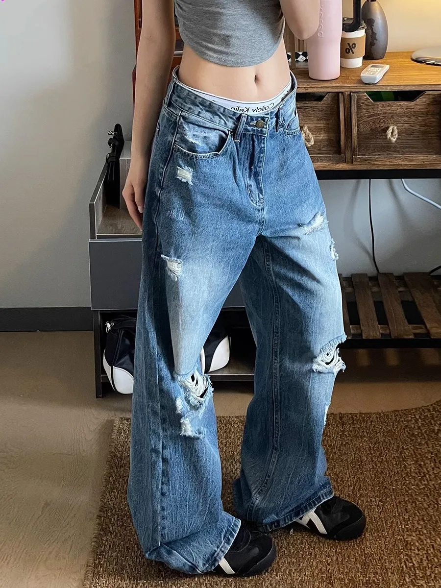 

Retro Large Size Women's Jeans High Waist Straight Leg Long Pants Deep Blue Denim High Street Sle Torn Waed out Effect