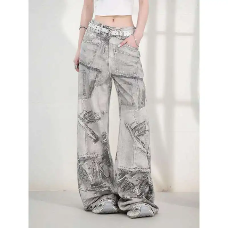 

CHIC Hiphop Streetwear Baggy Jeans for Men American Vintage 3D Painting Washed Denim Pants Women Straight Wide Leg Trousers