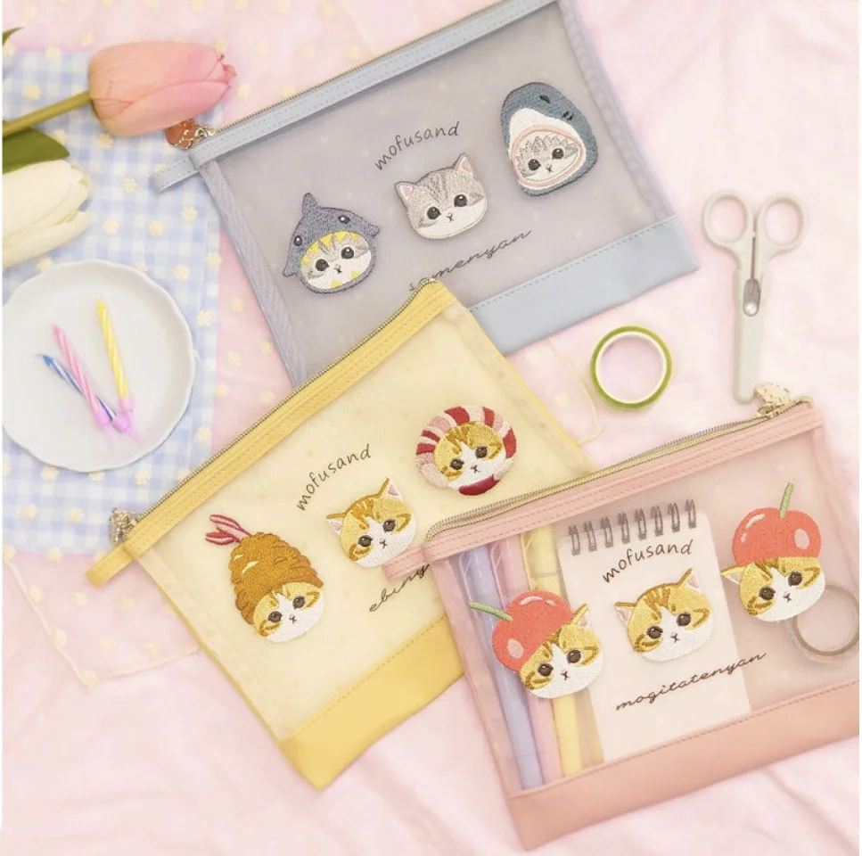 Kawaii Mofusand Shark Kitty Anime Shrimp Cat Mesh Storage Bag Cute Stationery Bag Portable Zipper Bag Travel Storage for Girls