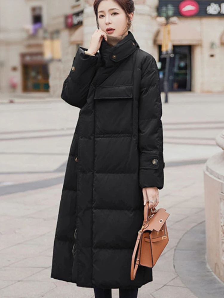 Elegant Commuting Down Cotton Jacket Winter New Stand Collar Loose Plus Size Thicken Windbreaker Midi-Length Cottons Coat Women