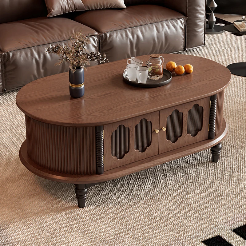 

French retro solid wood coffee table combination American small apartment living room household round medium and