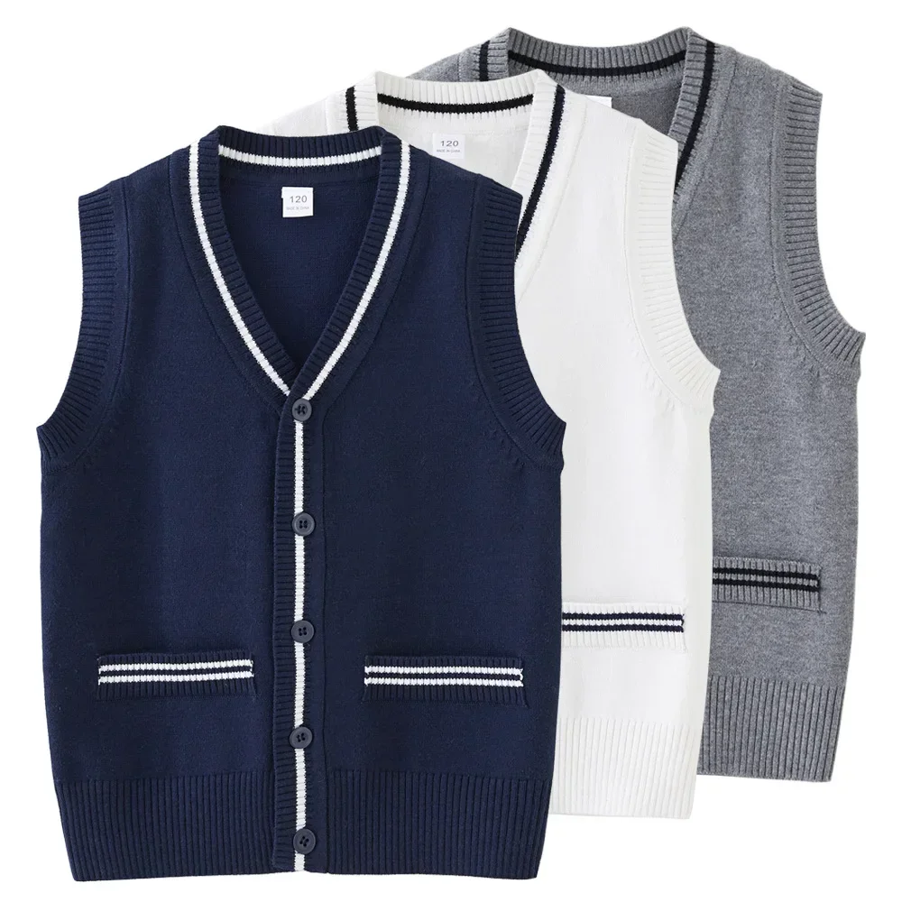 

School Children Knitted Waistcoats Casual V-neck Sweater Vest 4 To 13 Years Teens Boys Undershirt Sleeveless Girls Cardigan Tops