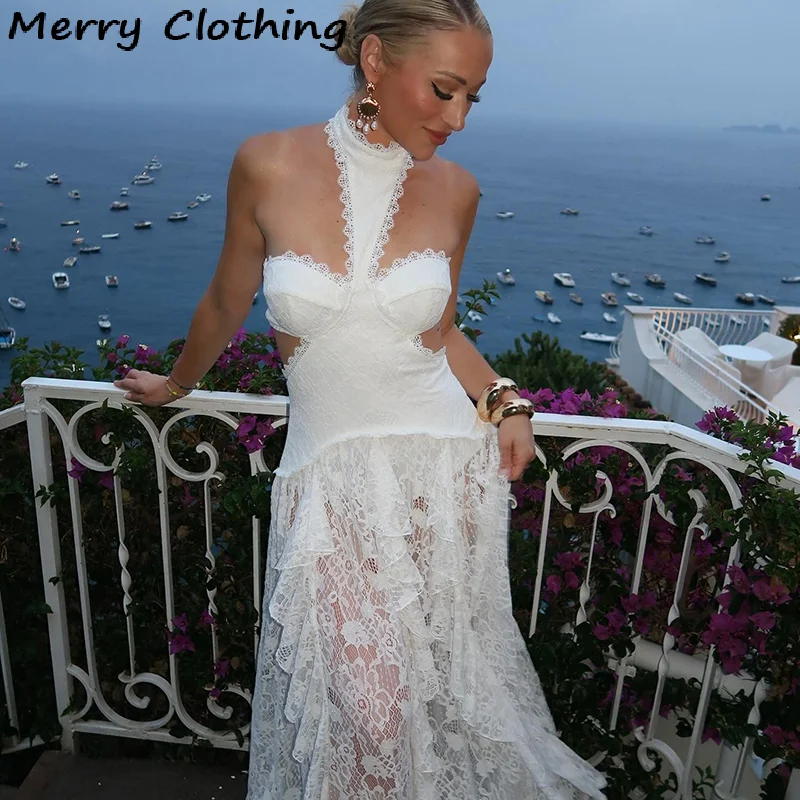 Sexy Lace Patchwork Dress Women Hollow Out Sleeveless Party Club Long Skirt See Through Halter Evening Gown Vacation Lady Robes