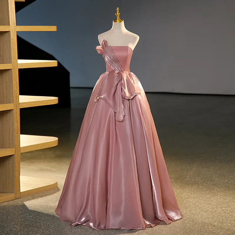 Bean Sand Colored Strapless Evening Dress, Niche High-end Banquet Satin Adult Dress, Slimming Temperament Dress Customization