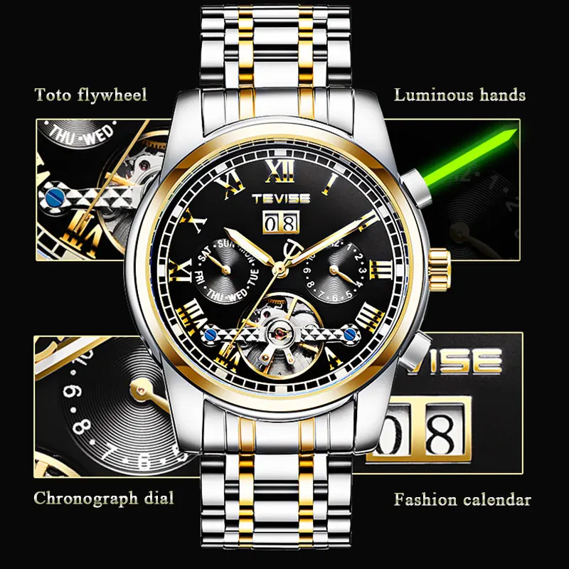 Fashion Tevise 9005 Automatic Self-wind Mechanical Men Business Full Stainless Steel Skeleton Tourbillon Night Light Male Watch