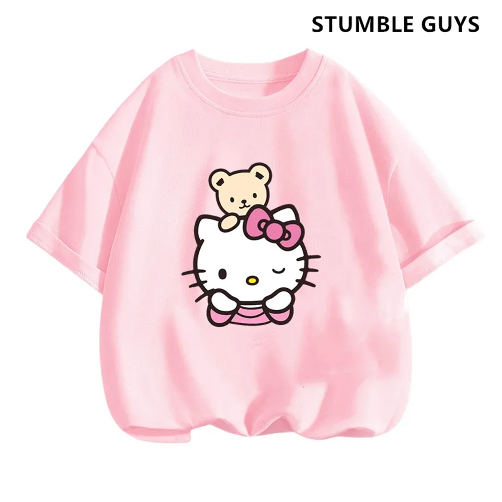 Camiseta de Hello Kitty para niños y niñas, ropa de calle de manga corta, Jersey, conjuntos de ropa informal