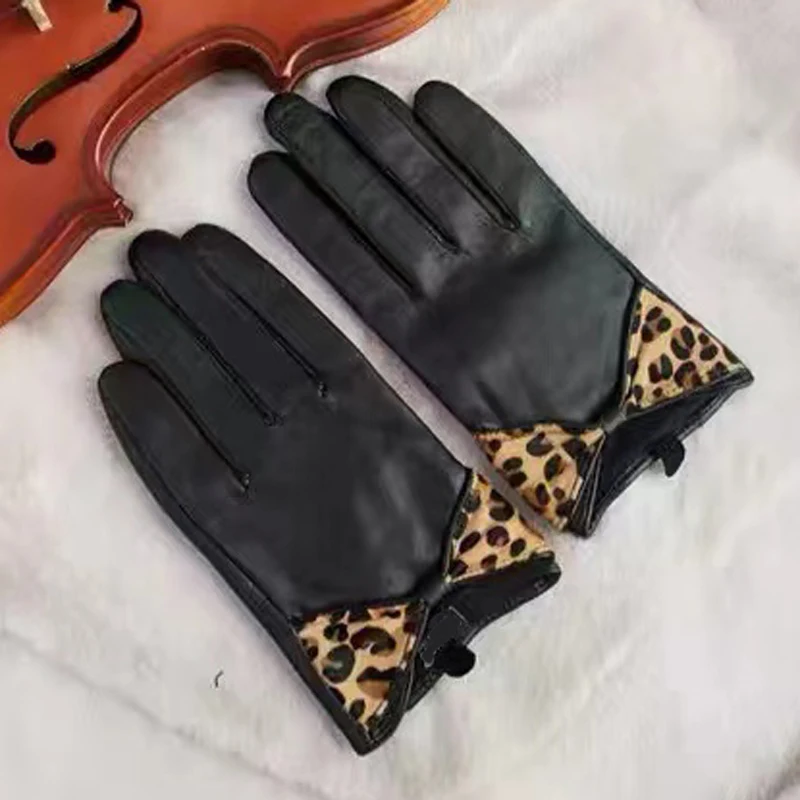 Genuine Leather Gloves For Women Spring Winter Warm Fashionable Leopard Print Bow Short Mittens Mujer Elegant Thin Guantes