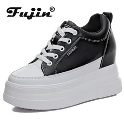 Fujin 8cm 10cm mucca vera pelle suola spessa stivaletti alla caviglia Lace Up autunno primavera tacchi nascosti moda donna scarpe vulcanizzate