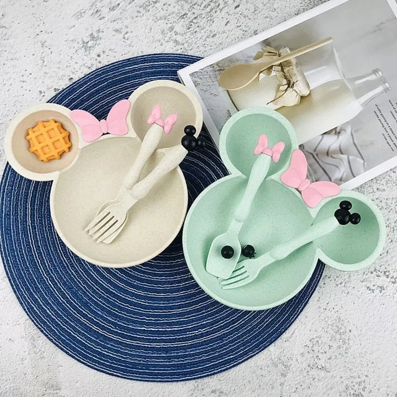 3Pcs/set Cartoon Baby Bowl Tableware Set Wheat Straw Children's Dishes Kids Dinner Feeding Plate Bowknot Food Plate Spoon Fork image 2
