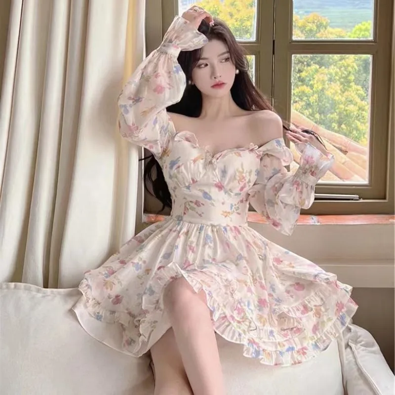 

Flower Print Mini Dress Summer Slimming Sweet Princess Dress French Elegant Fairy Vestidos Y2k Bohemian Beauty Robe 원피스 Платье