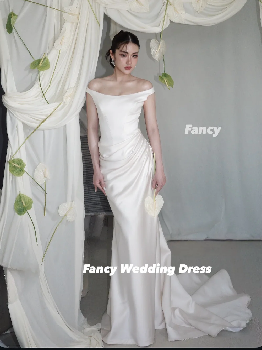 Fancy Elegant Off Shoulder Evening Dress Soft Satin Mermaid Prom Gown Floor Length Back Corset Customized