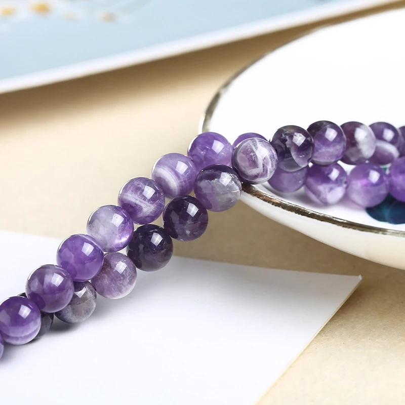 Zhe Ying Natural Dream Amethyst Stone Round Smooth Loose Spacer Beads for Jewelry Making DIY Bracelets Necklace Accessries