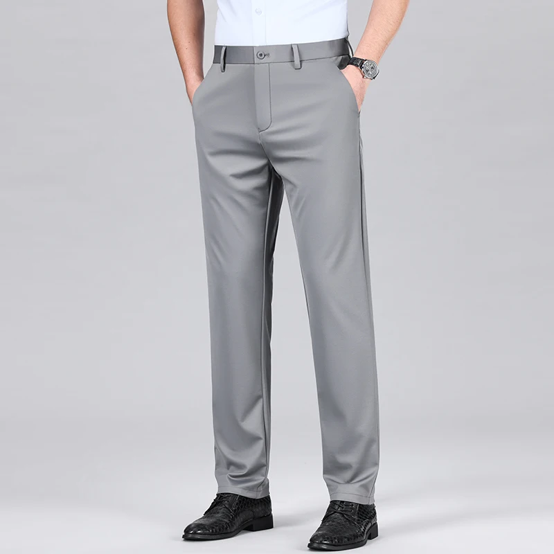 

High-End Business Casual Pants Men's Summer Thin Ice Silk Cool Straight Slim Elastic Silky Daily Office Suit Pants