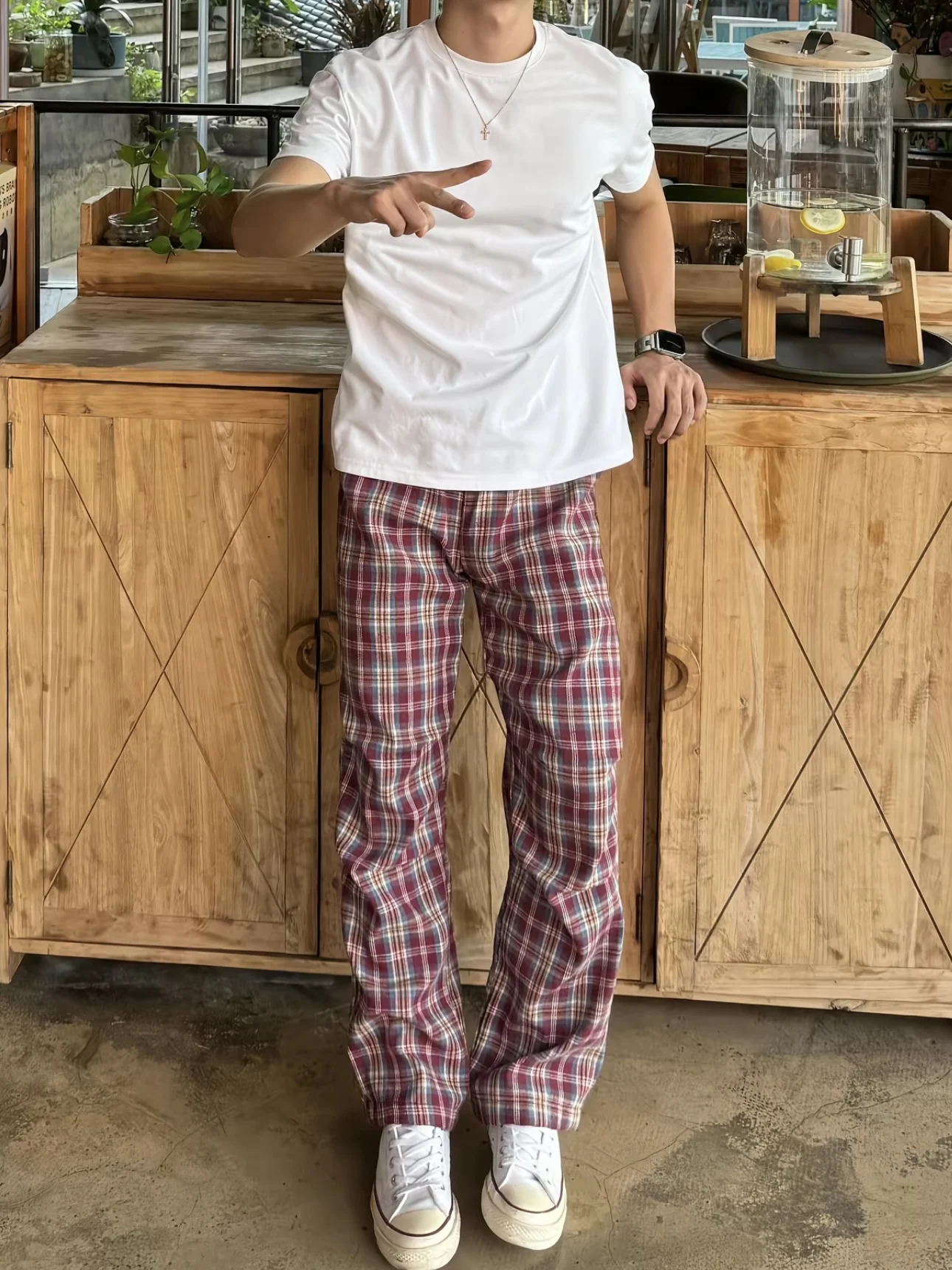 Americano retro xadrez calças de perna larga masculina casual solto em linha reta solto emagrecimento calças compridas dobrado jogo diário