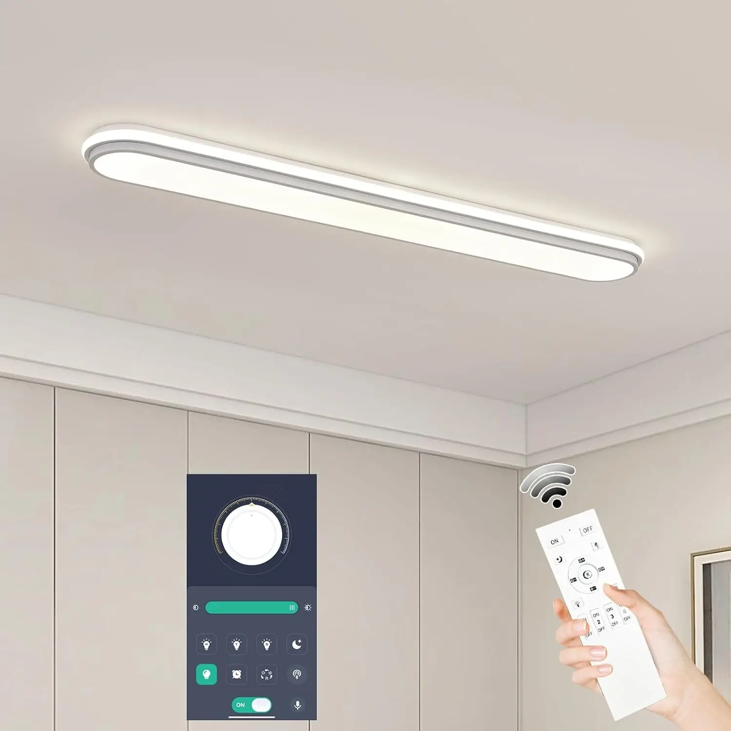 Dimmable Smart 68W LED Wraparound Flush Mount Linear Ceiling Light Remote Control Metal Home