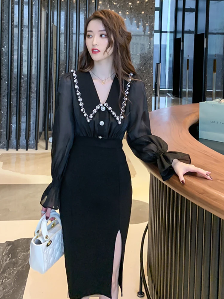 Autumn Elegant Sexy Midi Dress Women 2023 Black Sheer Organza Pearls High Waist Slit Bodycon Robe Feminine Office Party Vestidos